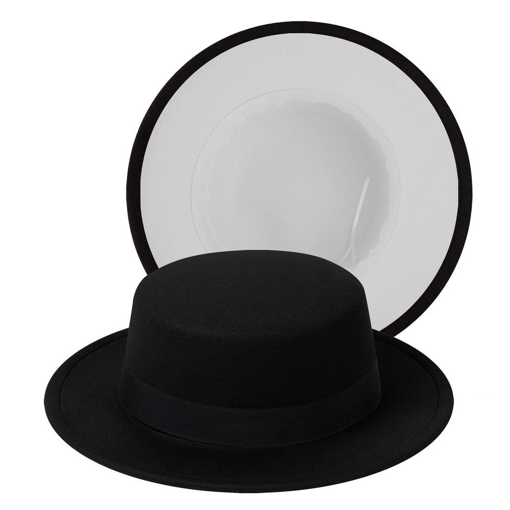 8893 Classic Fedora Hat - Two Tone Flat Top with Wide Brim - Adjustable